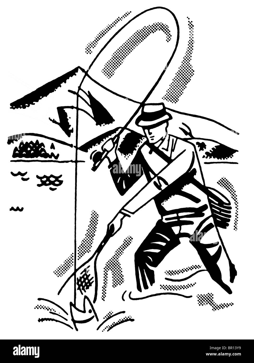 Une version noir et blanc d'une image vintage d'un man fishing Banque D'Images