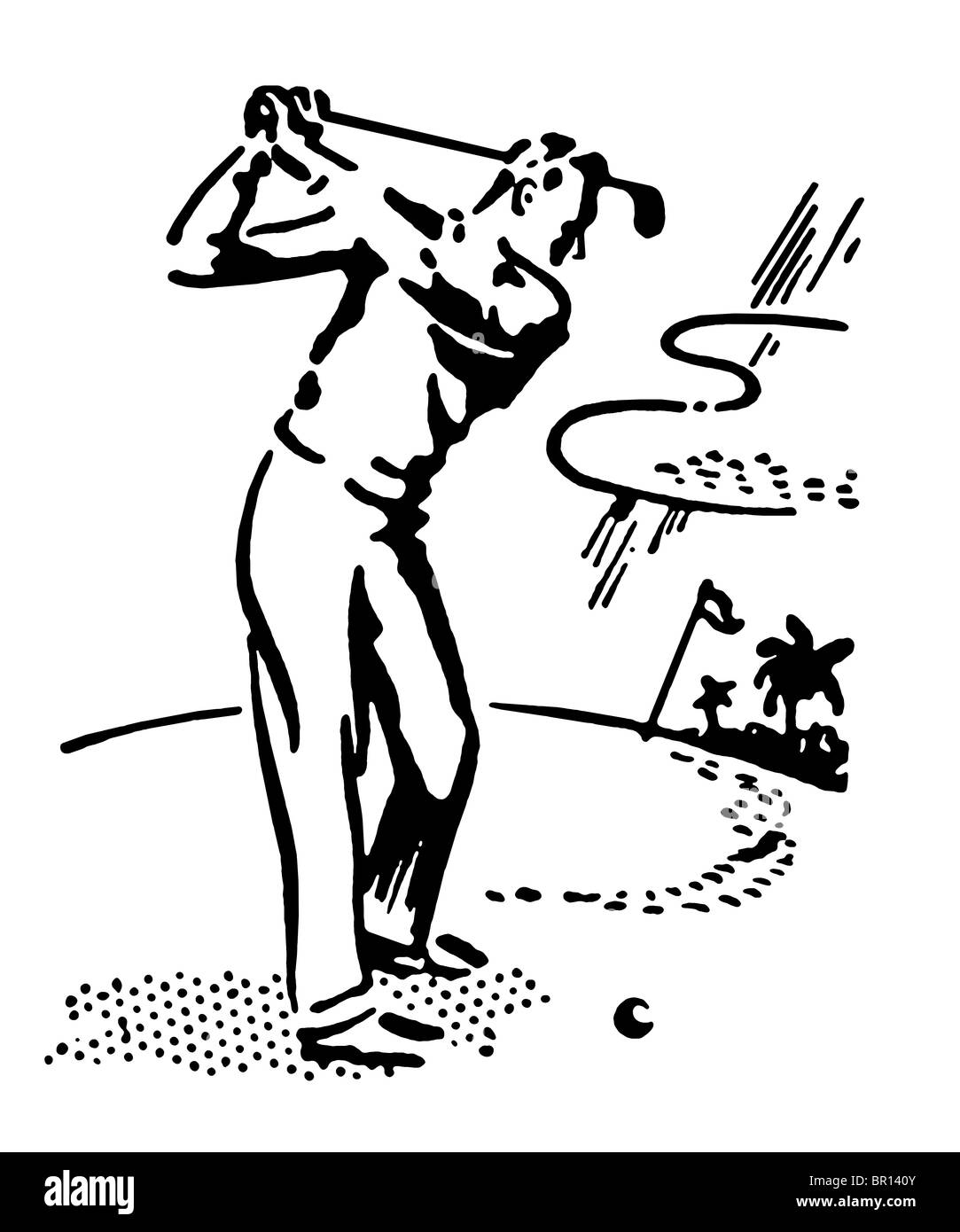 Une version noir et blanc d'une illustration d'un vintage man playing golf Banque D'Images
