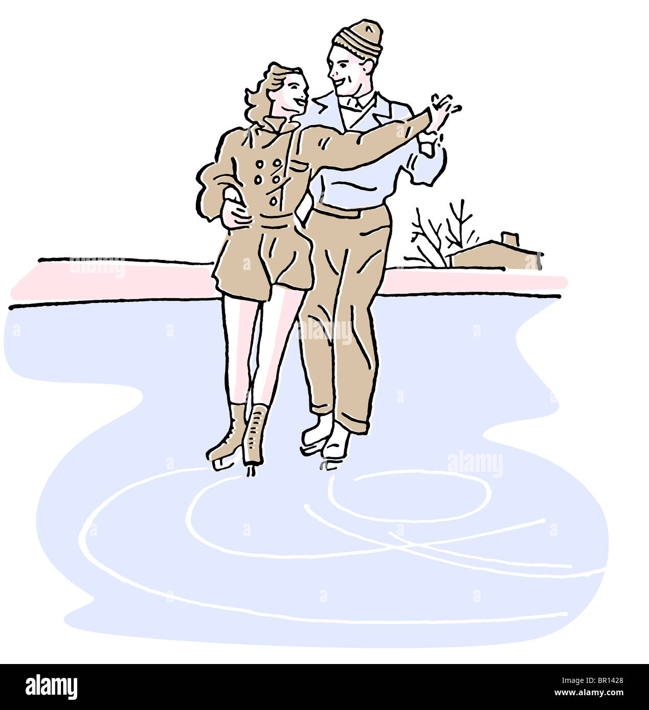 Un vintage illustration de deux personnes figure skating Banque D'Images