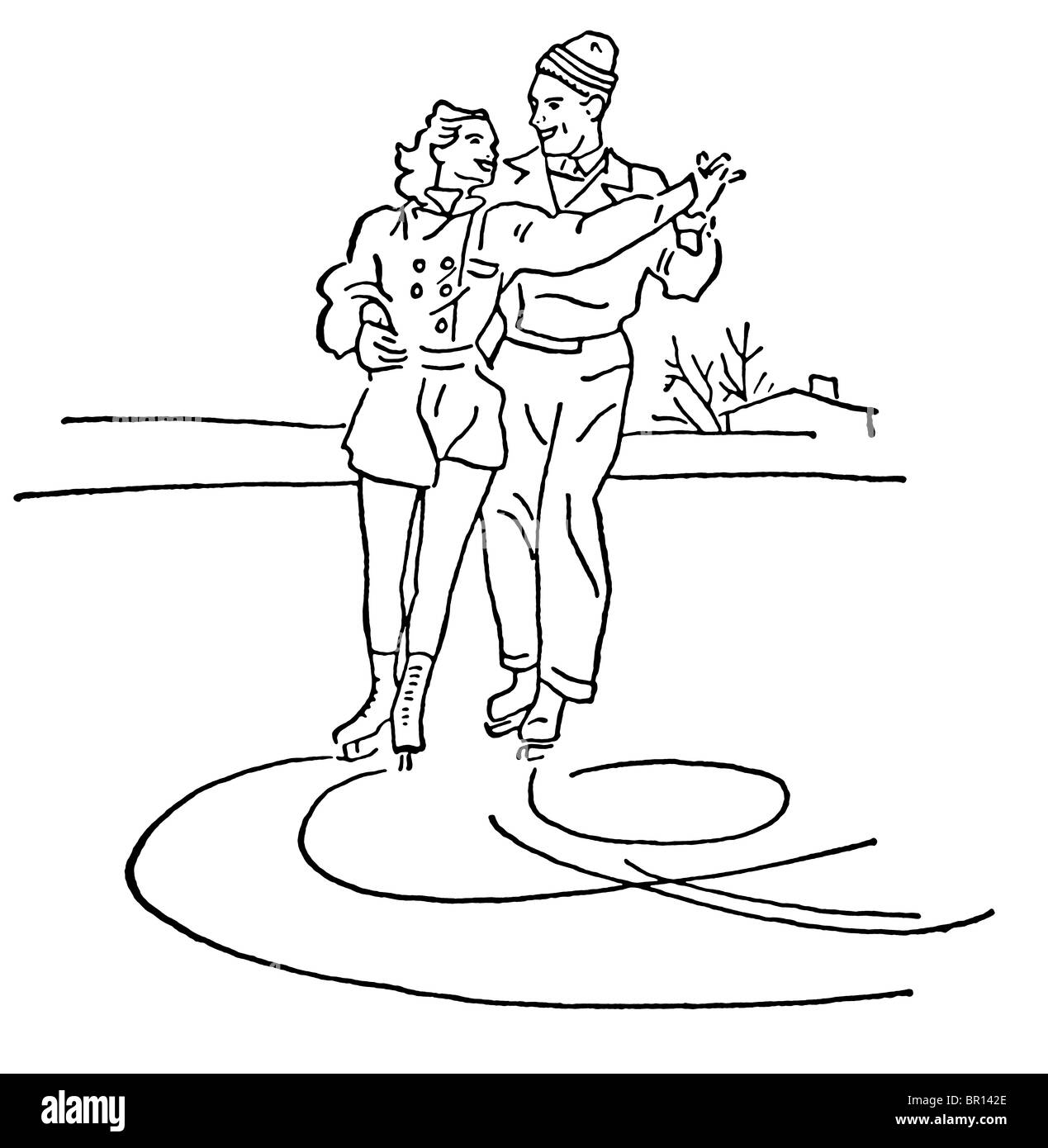 Une version noir et blanc d'un vintage illustration de deux personnes figure skating Banque D'Images