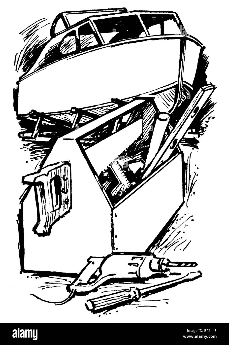 Une version noir et blanc d'un des outils d'impression vintage Banque D'Images