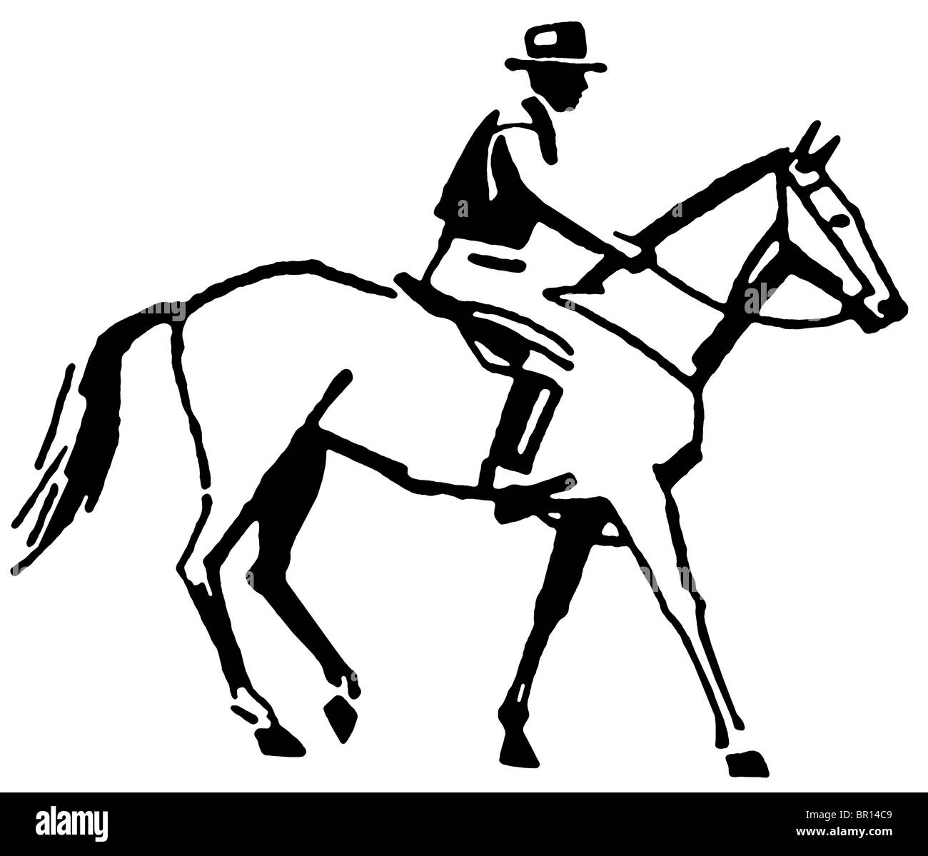 Une version noir et blanc d'un dessin de ligne style vintage d'un cow-boy Banque D'Images
