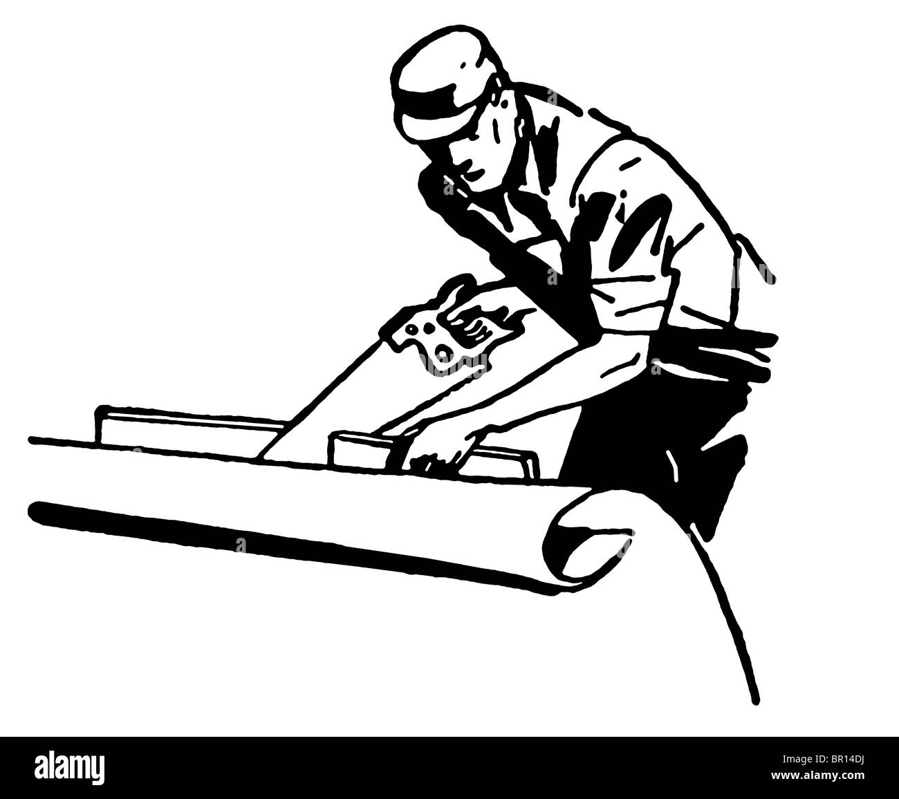 Une version noir et blanc d'un dessin de style vintage d'un travailleur de la construction Banque D'Images