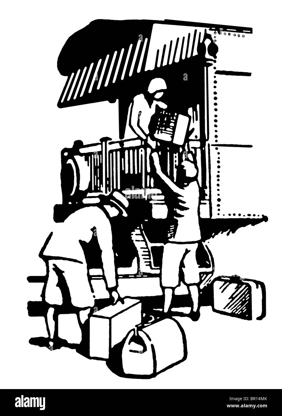 Une version noir et blanc d'une illustration vintage de personnes embarquent dans un train pour les vacances Banque D'Images