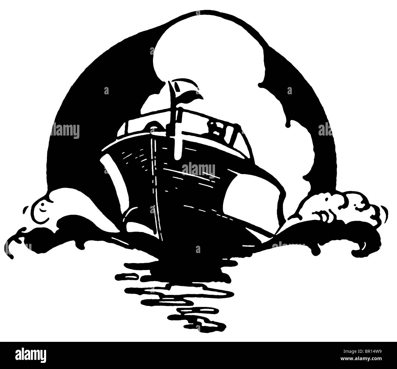 Une version noir et blanc d'une illustration d'un bateau vintage Banque D'Images