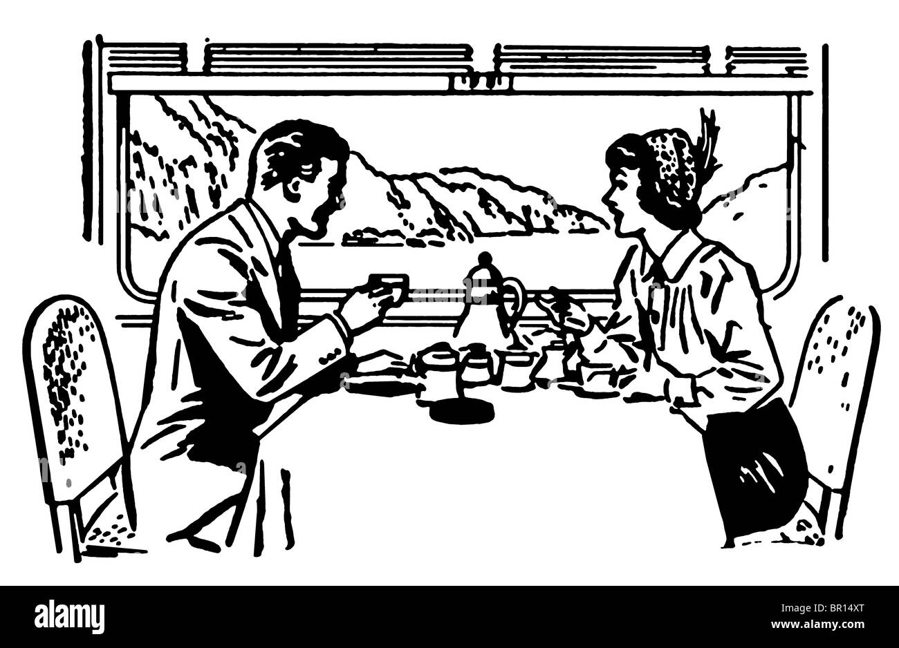 Une version noir et blanc d'une illustration vintage d'un couple de dîner dans un restaurant de train Banque D'Images