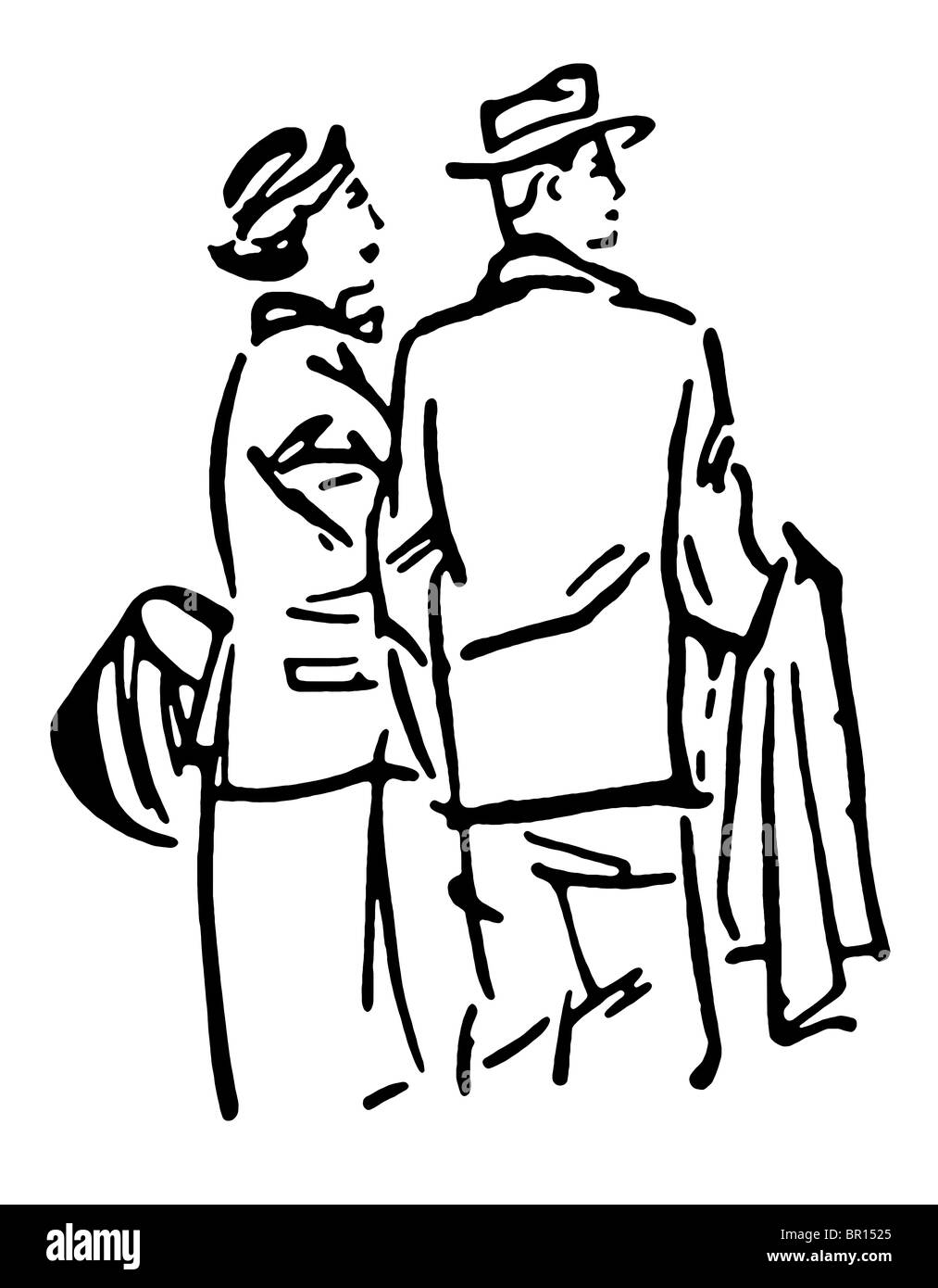 Une version noir et blanc d'un vintage illustration d'un couple en voyage Banque D'Images