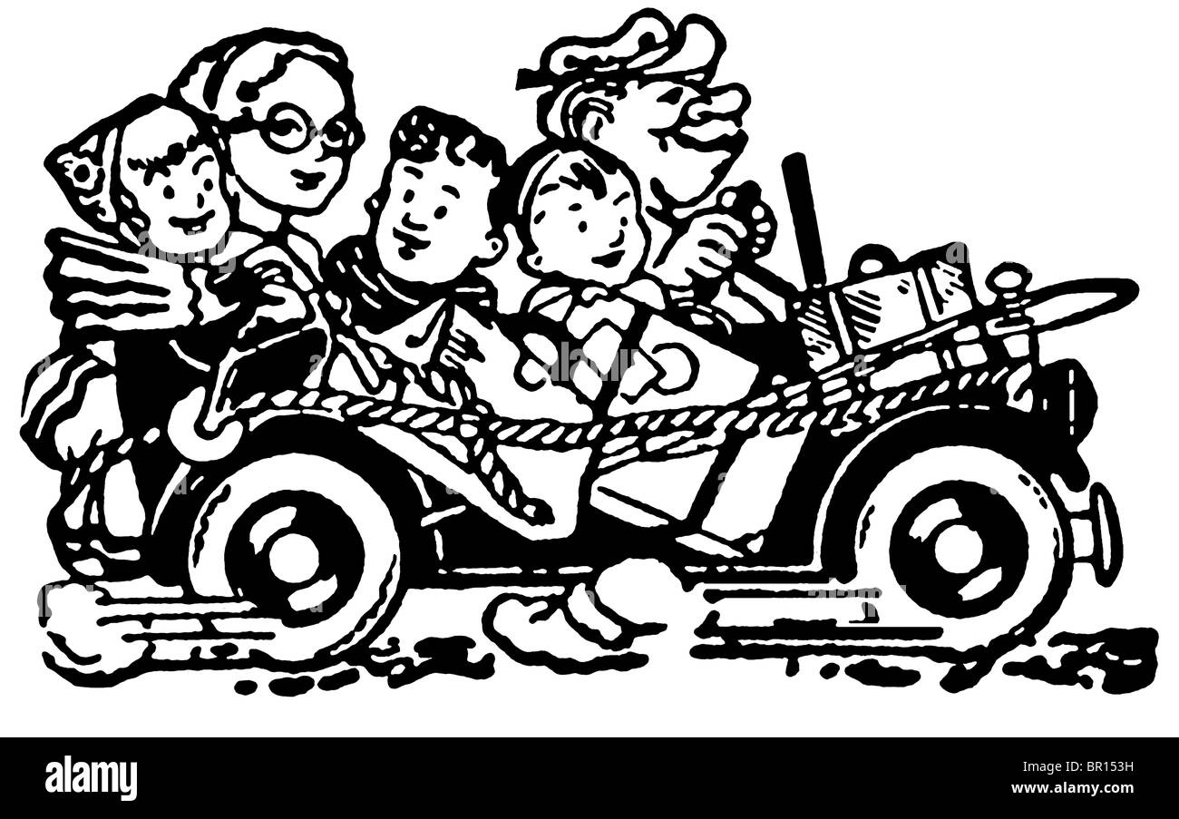 Une version noir et blanc d'un cartoon style libre d'une voiture remplie de sacs et de la famille pour des vacances ensemble Banque D'Images