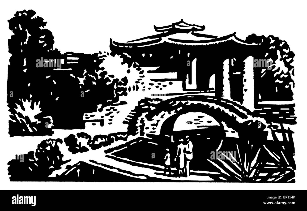 Une version noir et blanc d'une illustration vintage des jardins japonais Banque D'Images