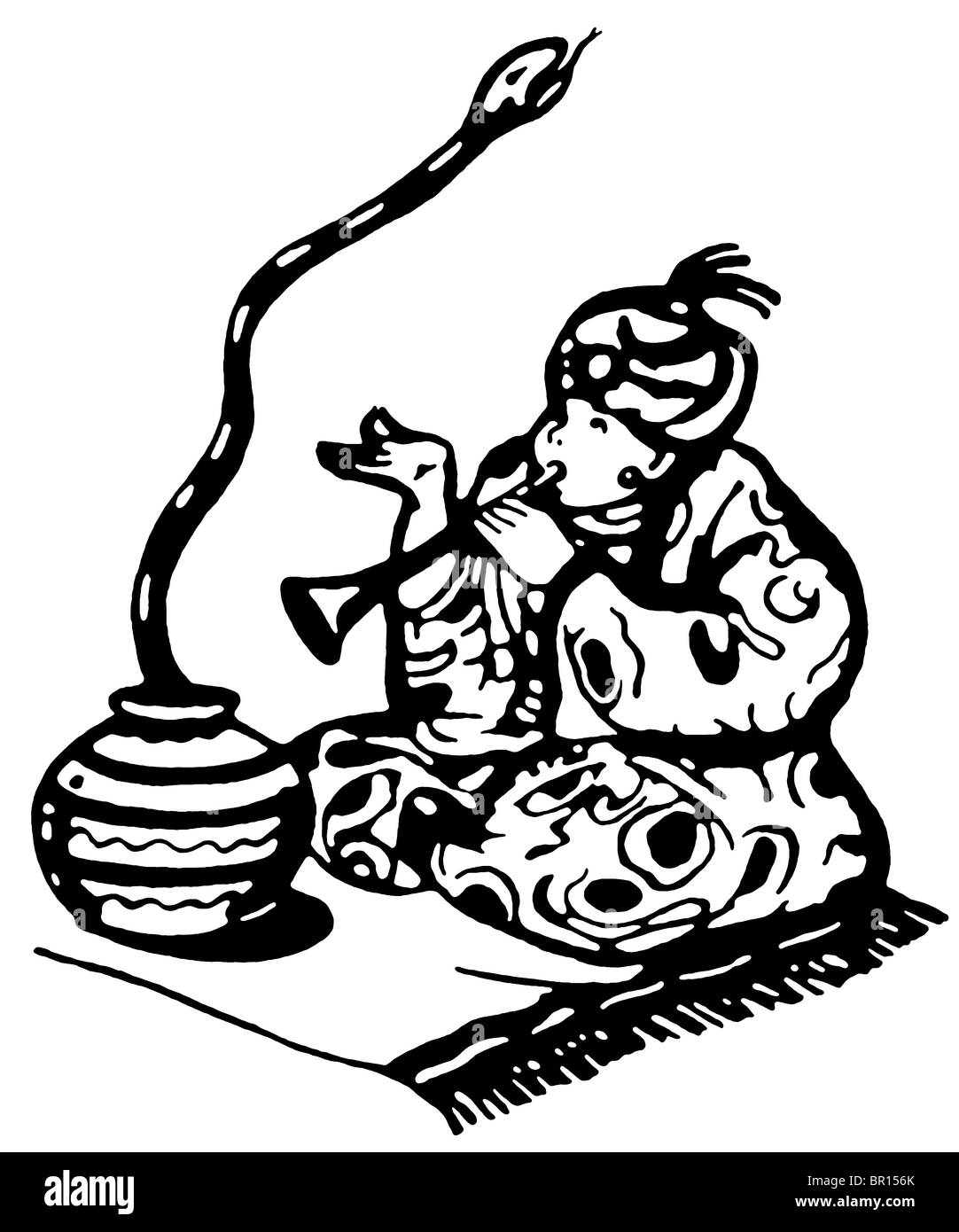 Une version noir et blanc d'un homme poussant un serpent de son panier avec de la musique Banque D'Images