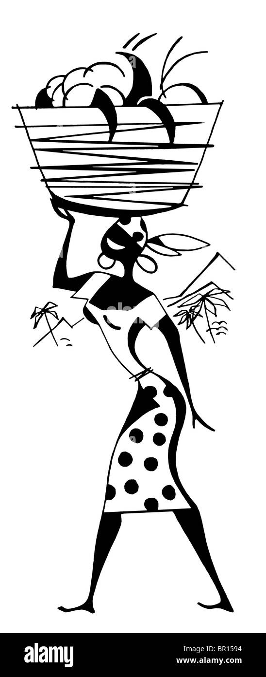 Une version noir et blanc d'un vintage illustration d'une femme portant des postes dans un panier sur la tête. Banque D'Images