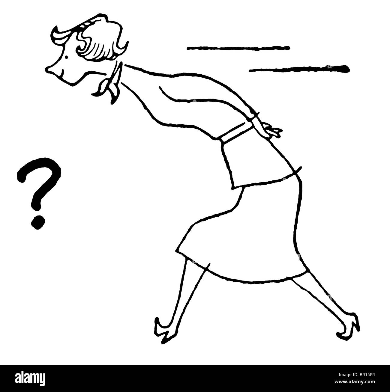 Une version noir et blanc d'un cartoon style vintage image d'une femme sur une mission Banque D'Images