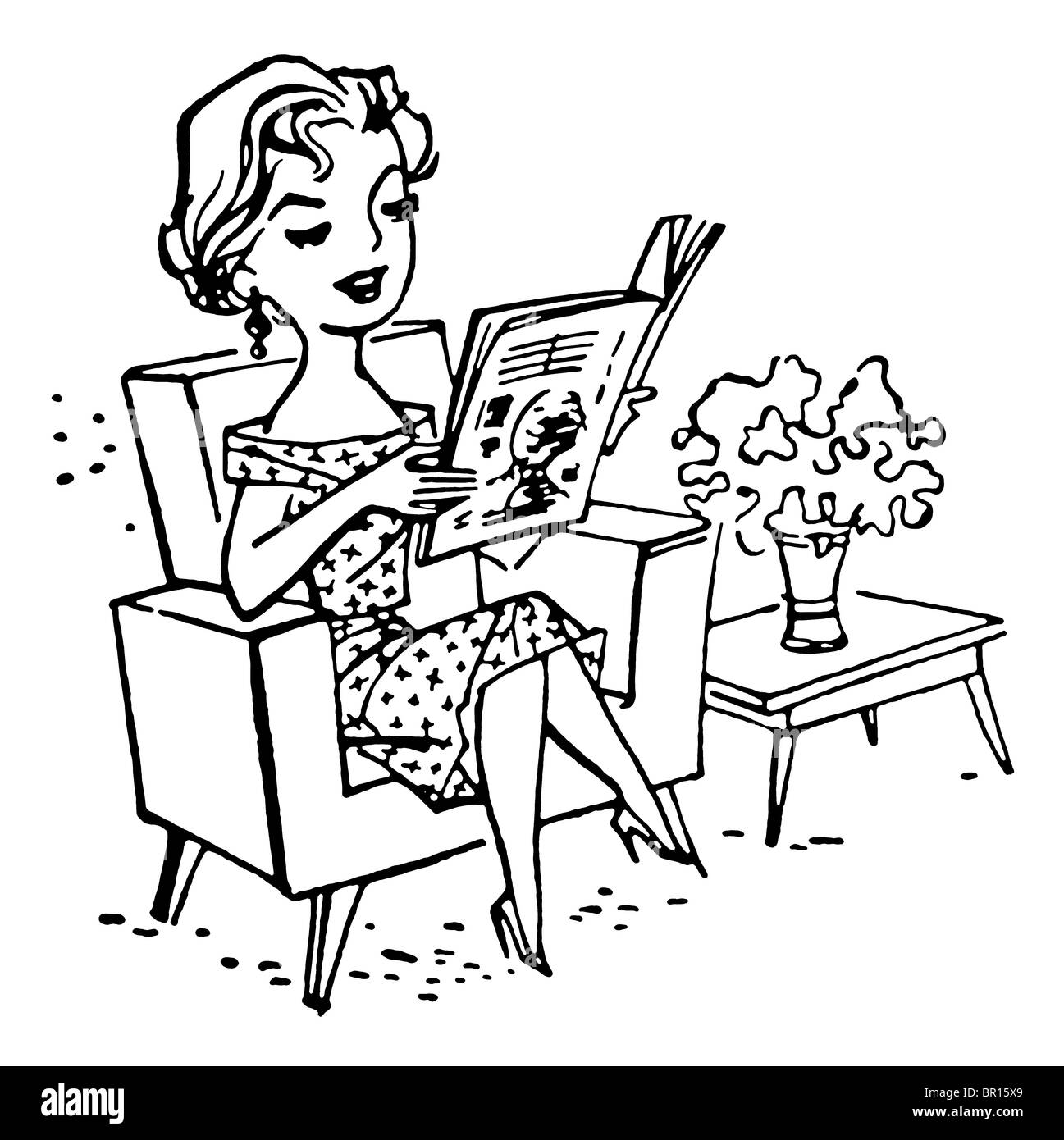 Une version noir et blanc d'un style cartoon vintage image d'une femme lisant un document Banque D'Images