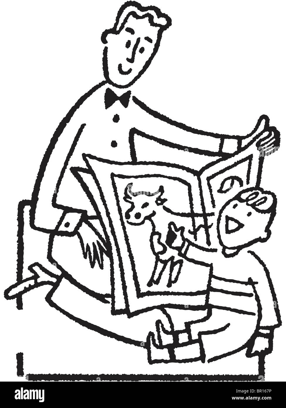 Une version noir et blanc d'un père et son fils, la lecture d'un livre Banque D'Images