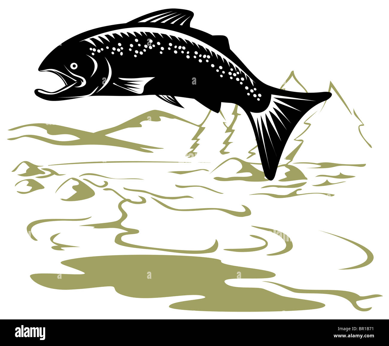 Illustration d'un style rétro brun moucheté tacheté poissons truite arc-en-rivière paysage Lac saut avec en arrière-plan Banque D'Images