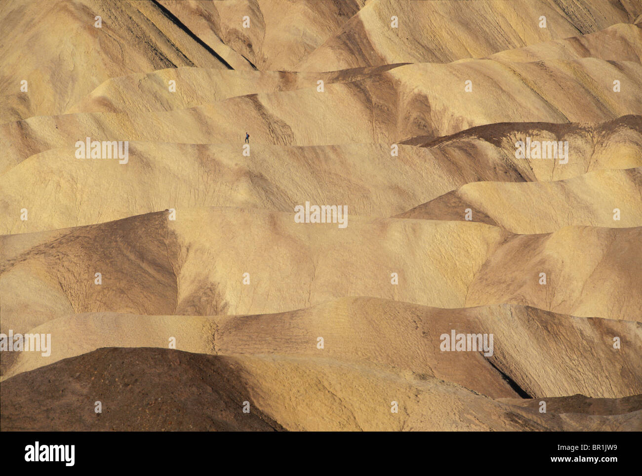 Un randonneur solitaire traverse une crête dans les collines au-dessus de Golden Canyon vu de Zabriskie Point dans la Death Valley National Park, Cali Banque D'Images