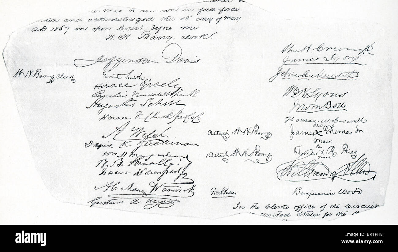 Les quatre premières signatures sur Jefferson-Davis : cautionnement sont Davis, Gerrit Smith, Horace Greeley, Cornelius Vanderbilt. Banque D'Images
