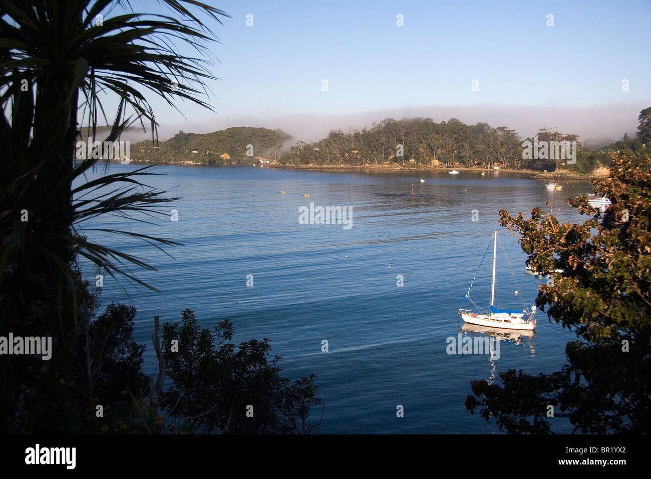 Steward Island, en Nouvelle-Zélande. Surplombant le port pittoresque et de la plage et sur l'île de Stewart. Banque D'Images
