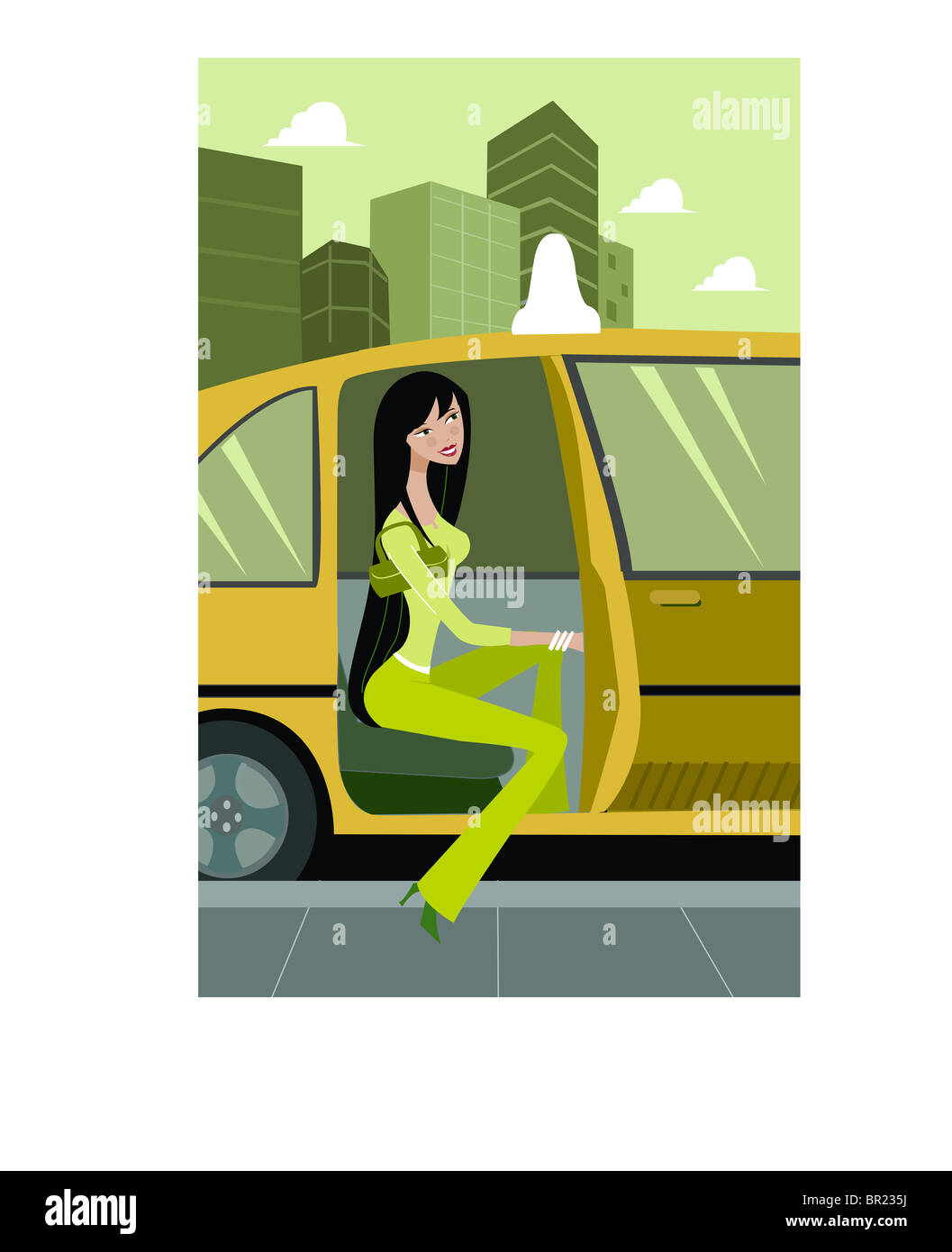 Vue latérale d'une femme sortir d'un taxi, de Banque D'Images