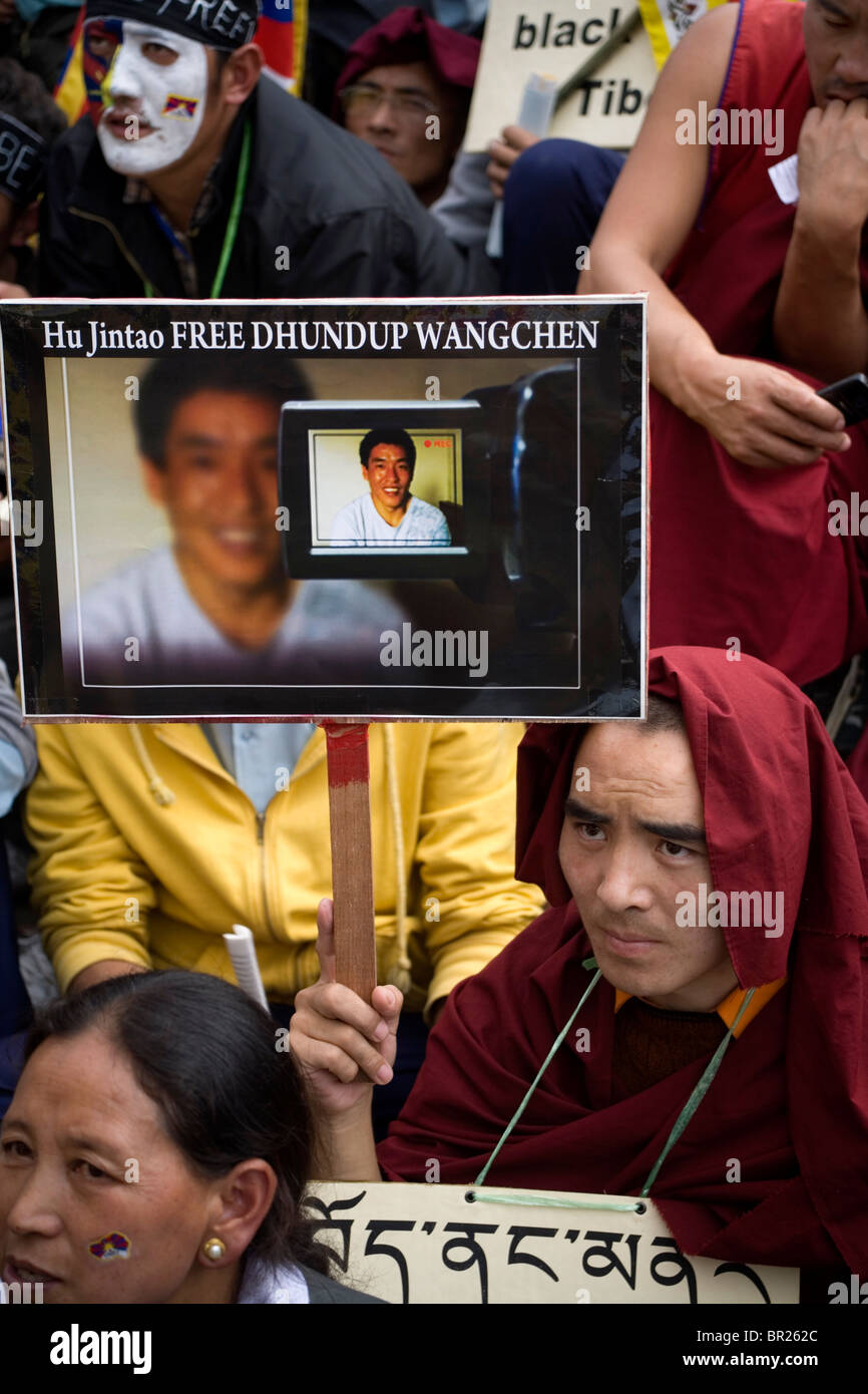 Rassemblement pour la journée soulèvement tibétain, appelant à la liberté et les droits de l'homme au Tibet, Dharamsala, Himachal Pradesh, Inde. Banque D'Images