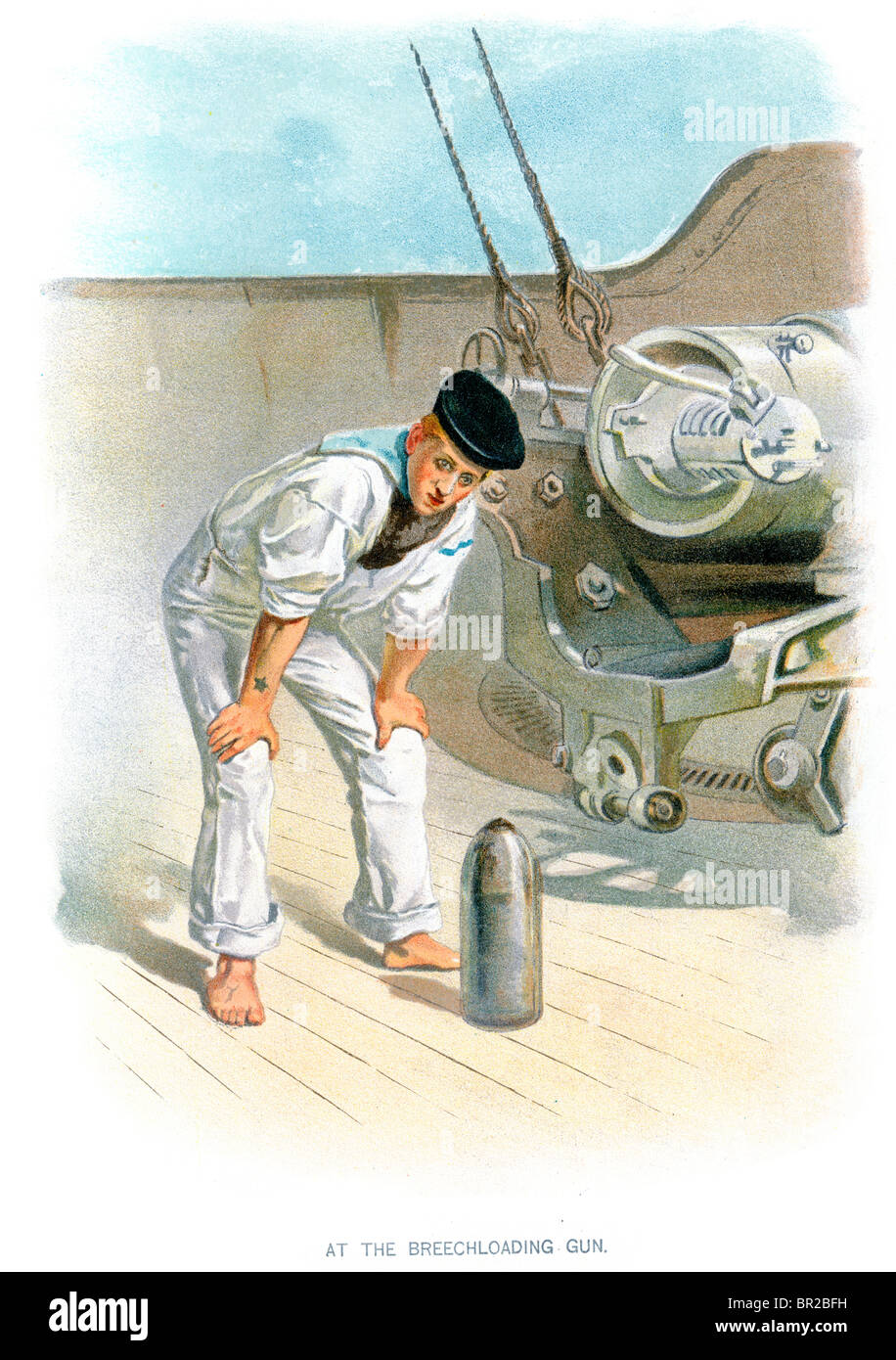 Un marin de la Marine royale de la période victorienne du chargement d'un shell dans un fusil se chargeant par le. Symons (99) Banque D'Images
