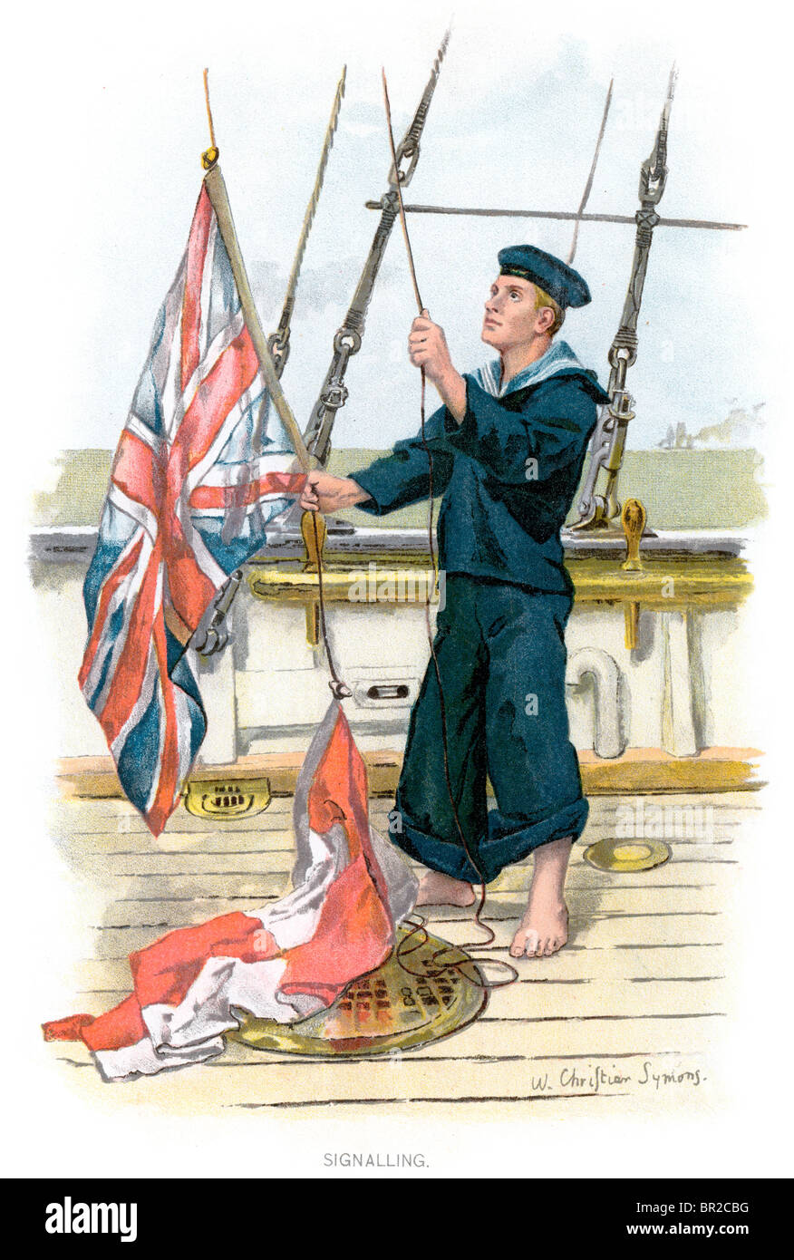 Un marin de la Marine royale de la période victorienne sensibiliser l'Union Jack flag de signal. Symons (99) Banque D'Images