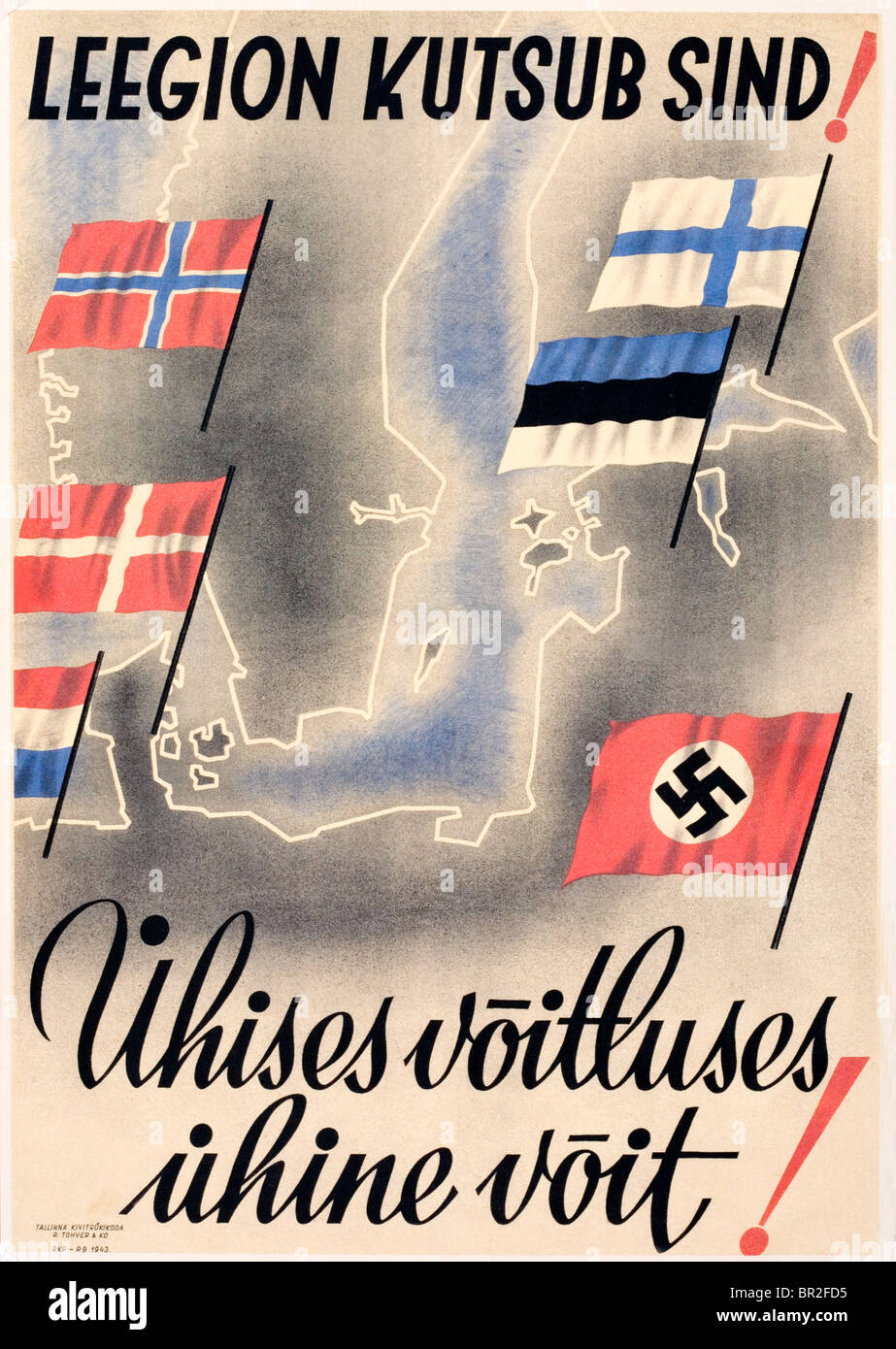 Seconde Guerre mondiale (World War II) affiche de propagande nazie montrant une carte du nord-ouest de l'Europe et les drapeaux des pays occupés. Banque D'Images