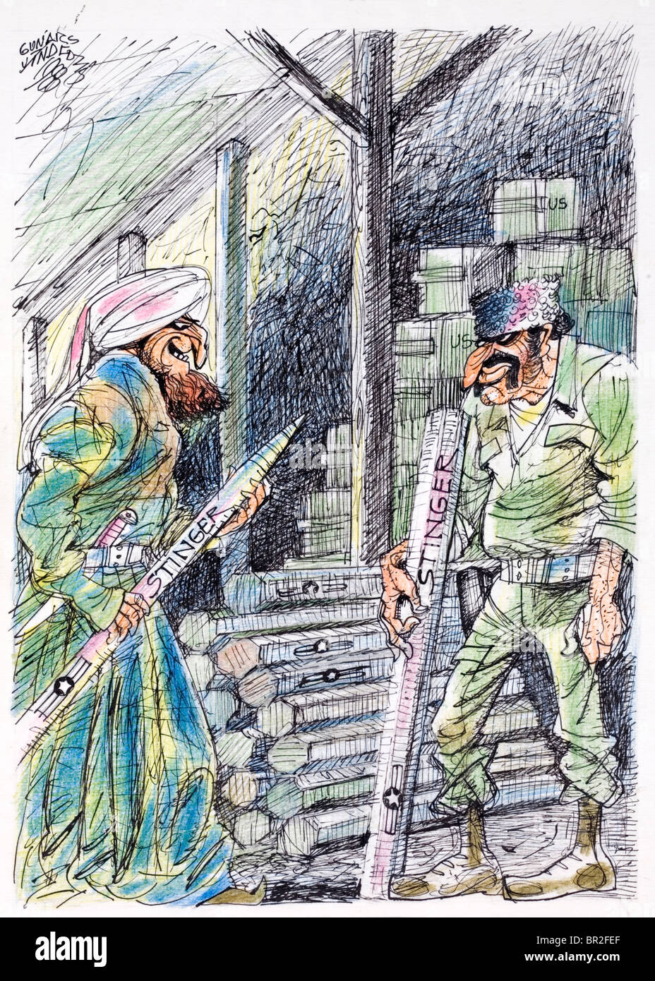 La propagande soviétique cartoon à partir du moment où l'occupation soviétique de l'Afghanistan était minée par l'American arms Banque D'Images