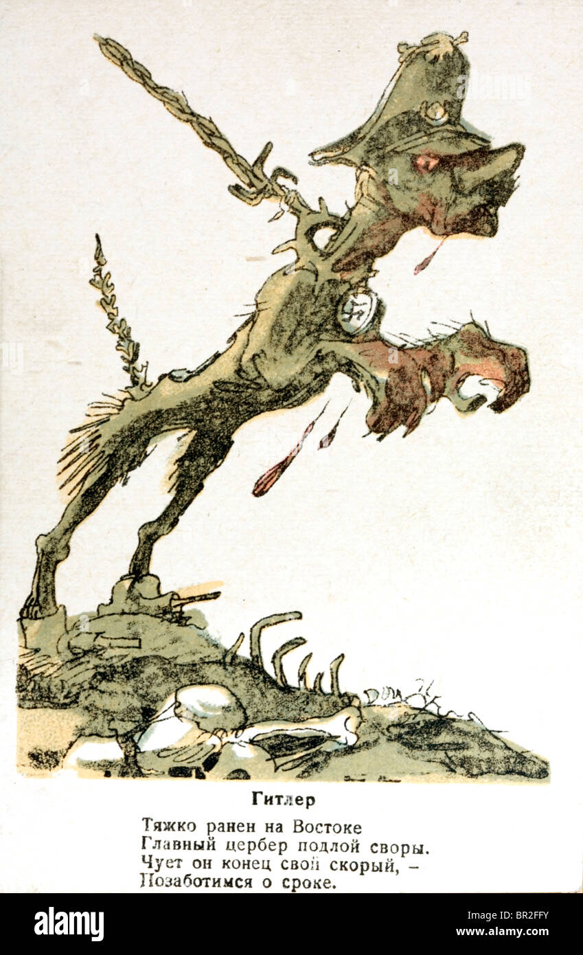 Carte postale représentant soviétique Adolf Hitler comme Cerberus. Banque D'Images