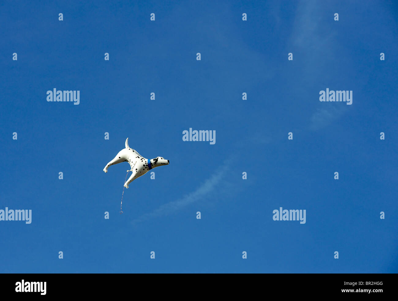 Runaway ballon en forme de chien dalmatien contre un ciel bleu. Banque D'Images