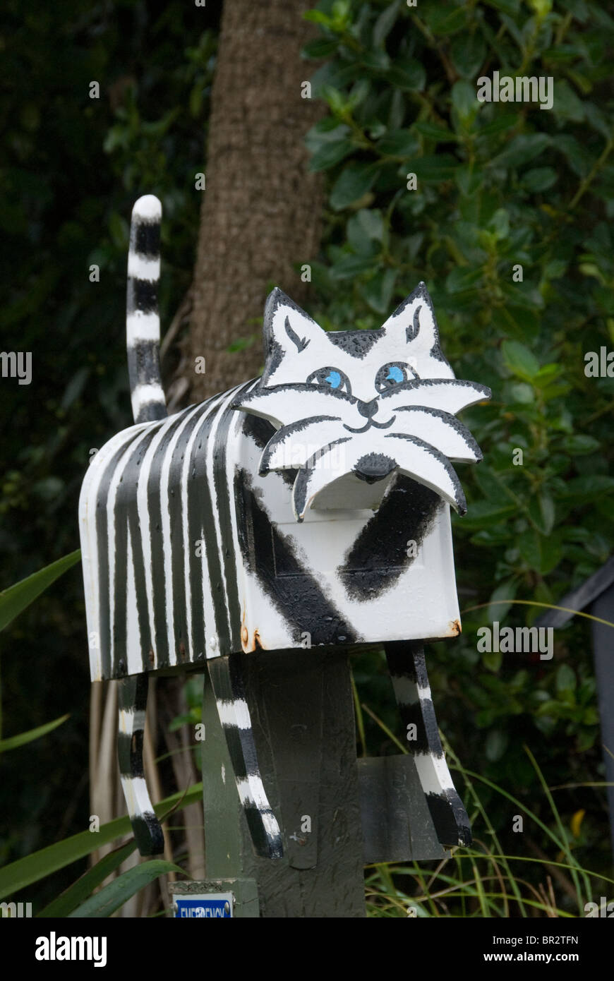 Boite En Forme De Chat A Rayures Linkwater Marlborough Ile Du Sud Nouvelle Zelande Photo Stock Alamy