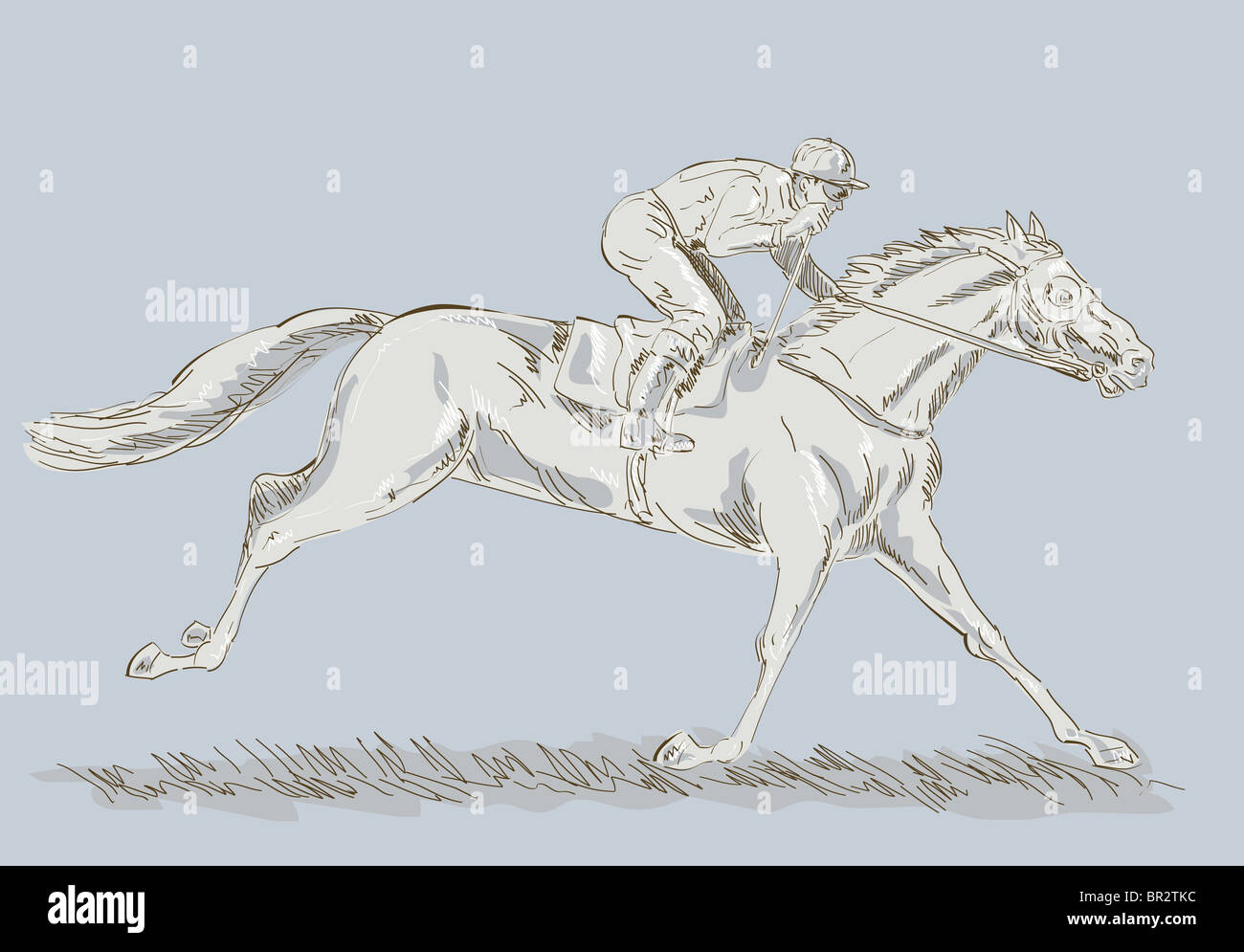 Dessiné à la main et le dessin d'un cheval et jockey dans une course gagner Banque D'Images