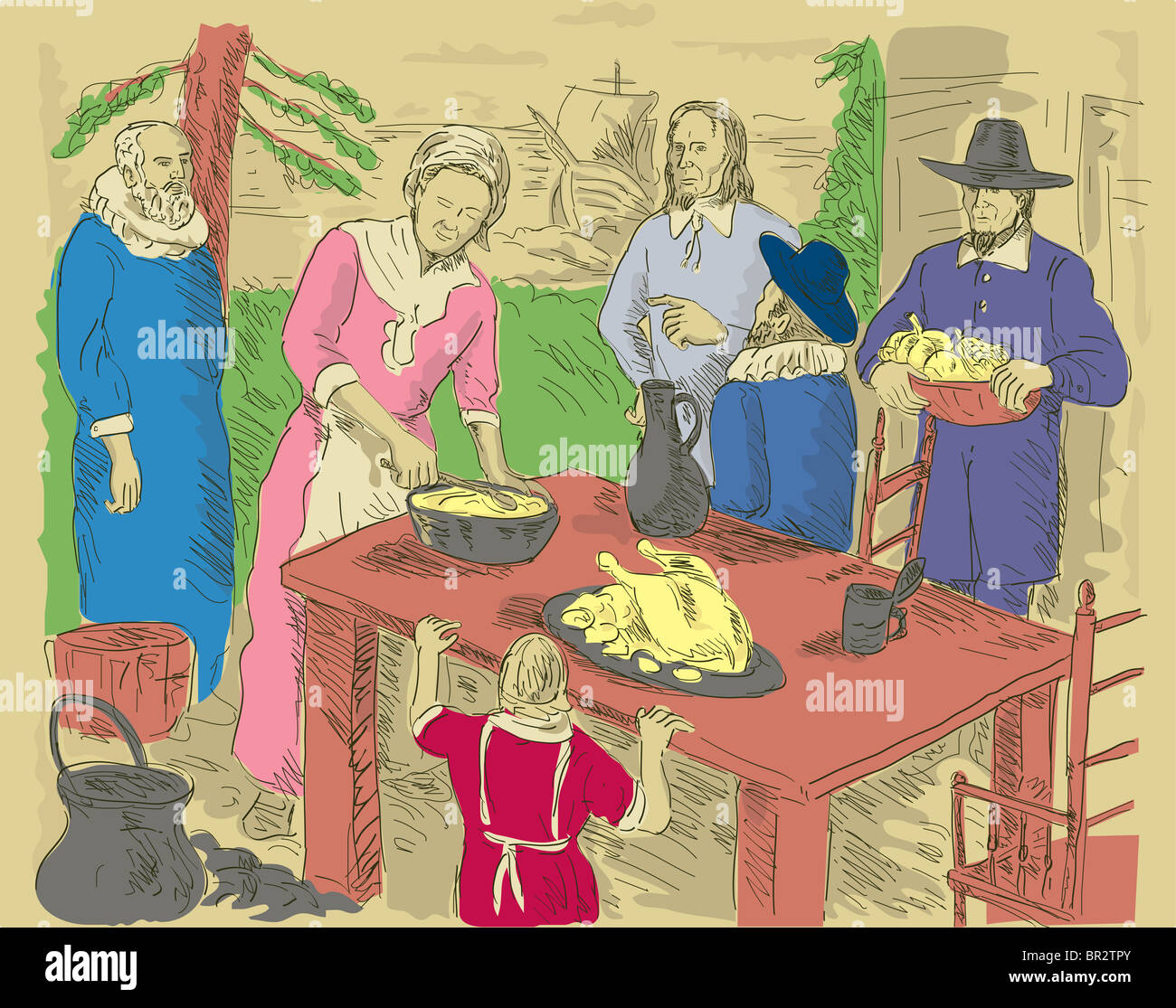 Dessin illustration d'une famille de pèlerins venus célébrer la première fête de Thanksgiving food dîner avec voilier historique Banque D'Images