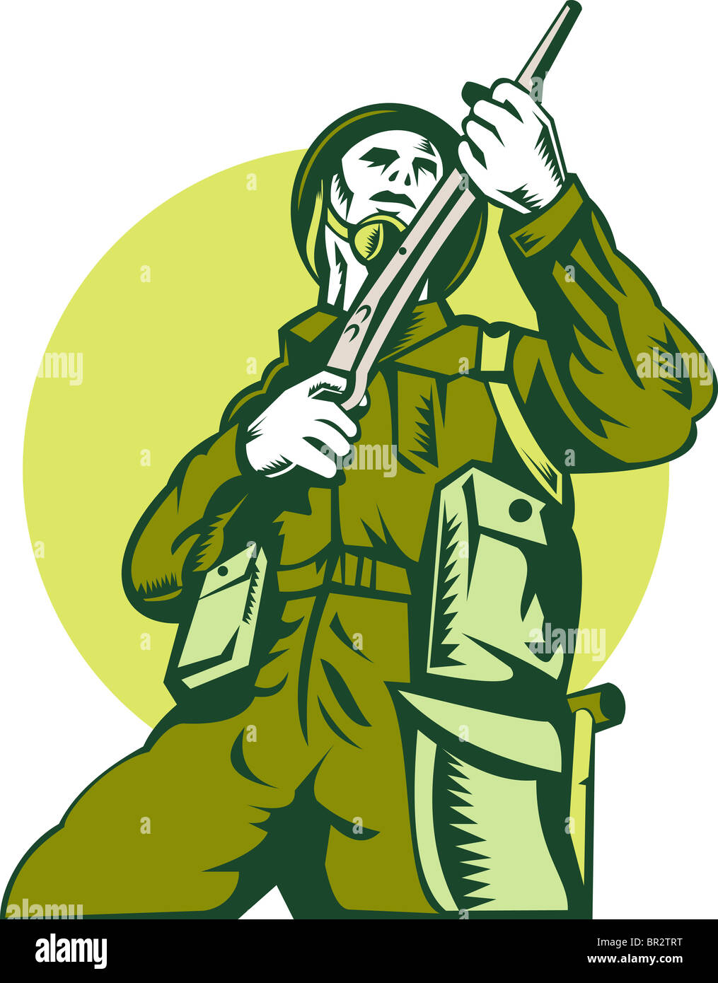 Illustration d'un soldat britannique de la deuxième guerre mondiale avec la mitraillette Sten rifle vue de l'avant à faible inclinaison fait en rétro style gravure sur bois Banque D'Images