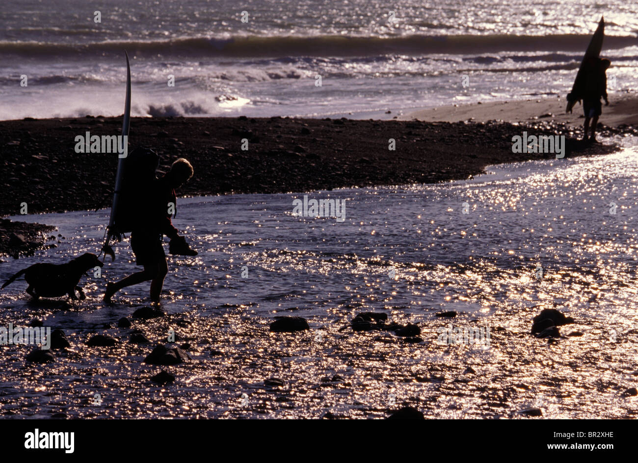 Deux hommes en sac sur la plage avec des planches (Silhouette). Banque D'Images