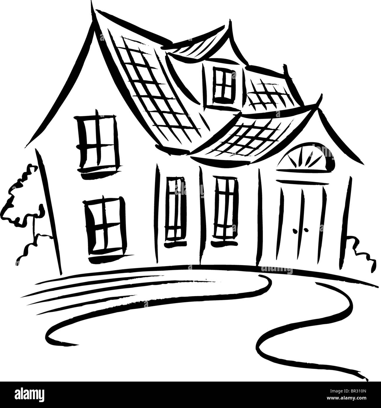 Un dessin en noir et blanc d'une maison Banque D'Images, Photo Stock