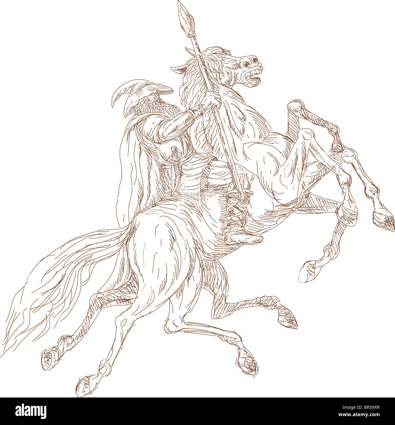 Illustration du dieu scandinave Odin riding horse, huit pattes Sleipner en chasse sauvage. Dessiné à la main et dessiné. Banque D'Images
