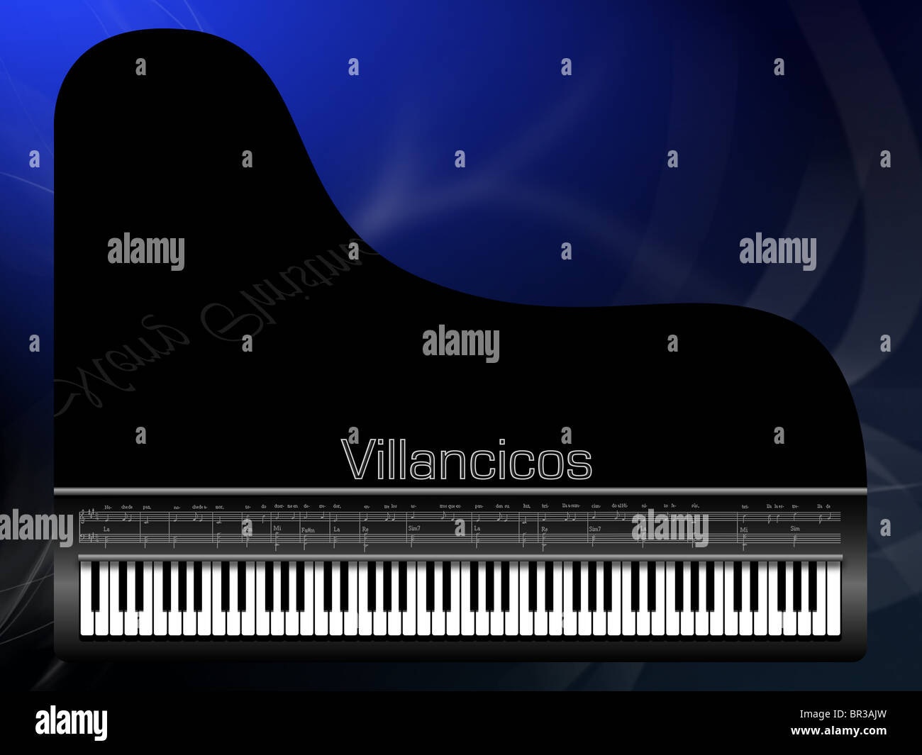 3d illustration d'un piano à queue noir avec l'écran feuille imprimée à la musique d'un chant de Noël Banque D'Images
