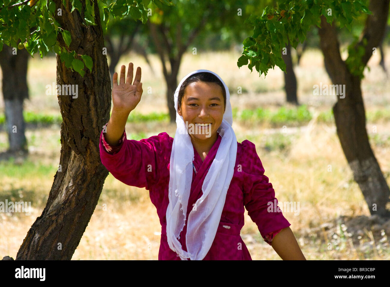 Girl waving dans un verger d'abricot dans les régions rurales de l'Ouzbékistan Banque D'Images