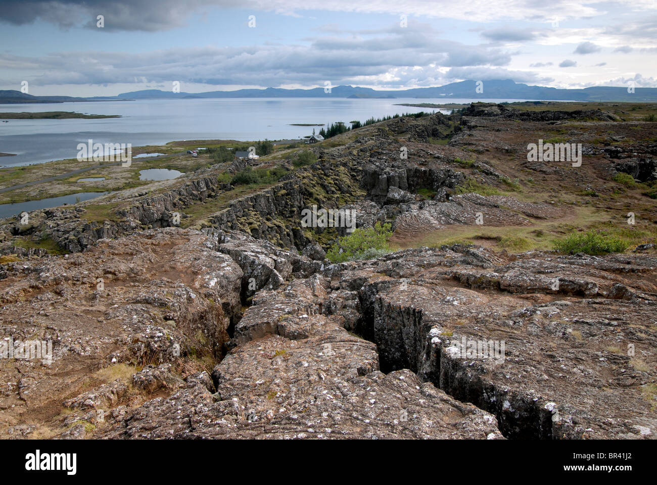 Parc national de Þingvellir et le lac Þingvallavatn, où Européens et Américains les plaques. Banque D'Images