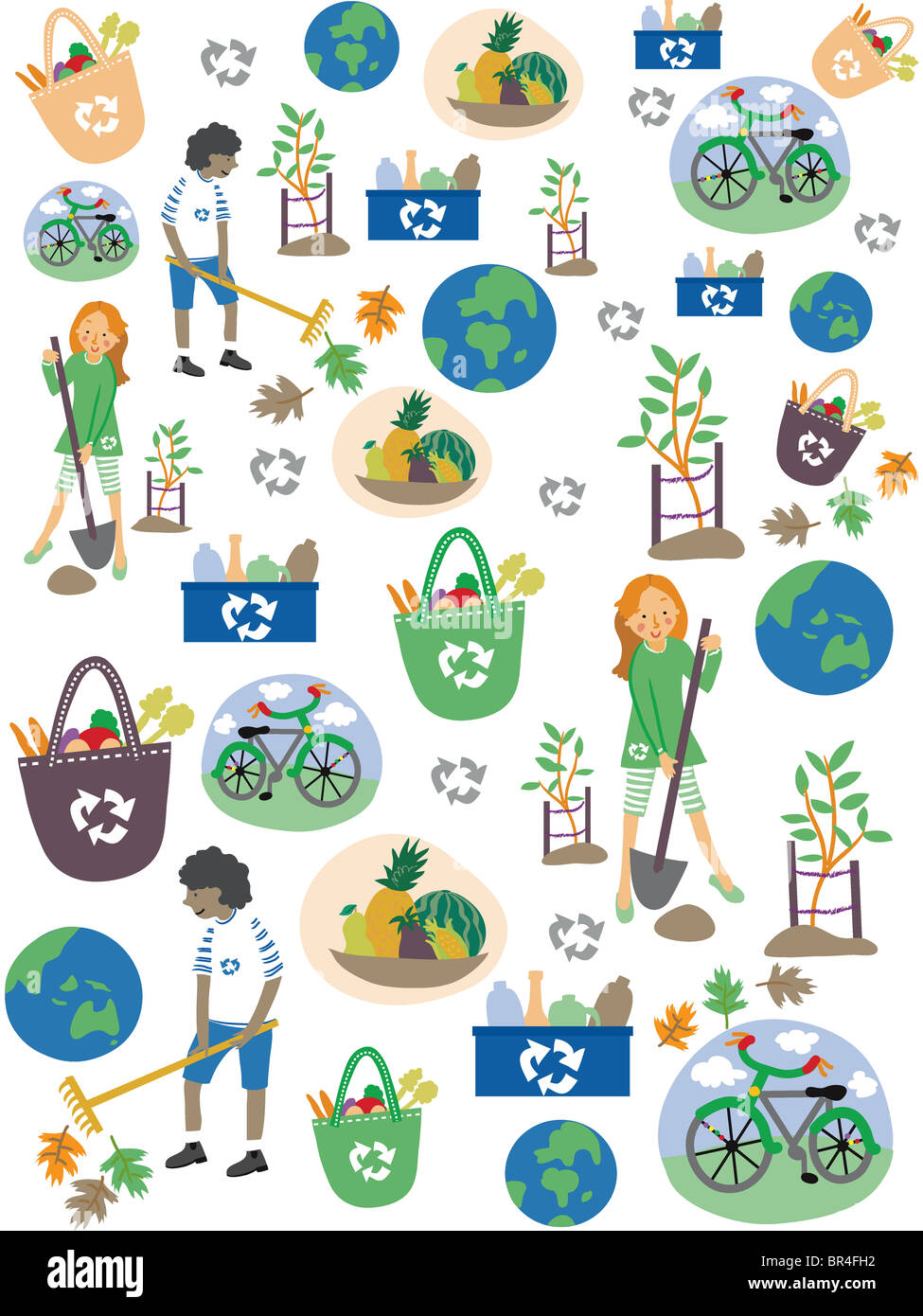 Un modèle pour la Journée de la terre avec les enfants, le recyclage, la terre et les vélos Banque D'Images