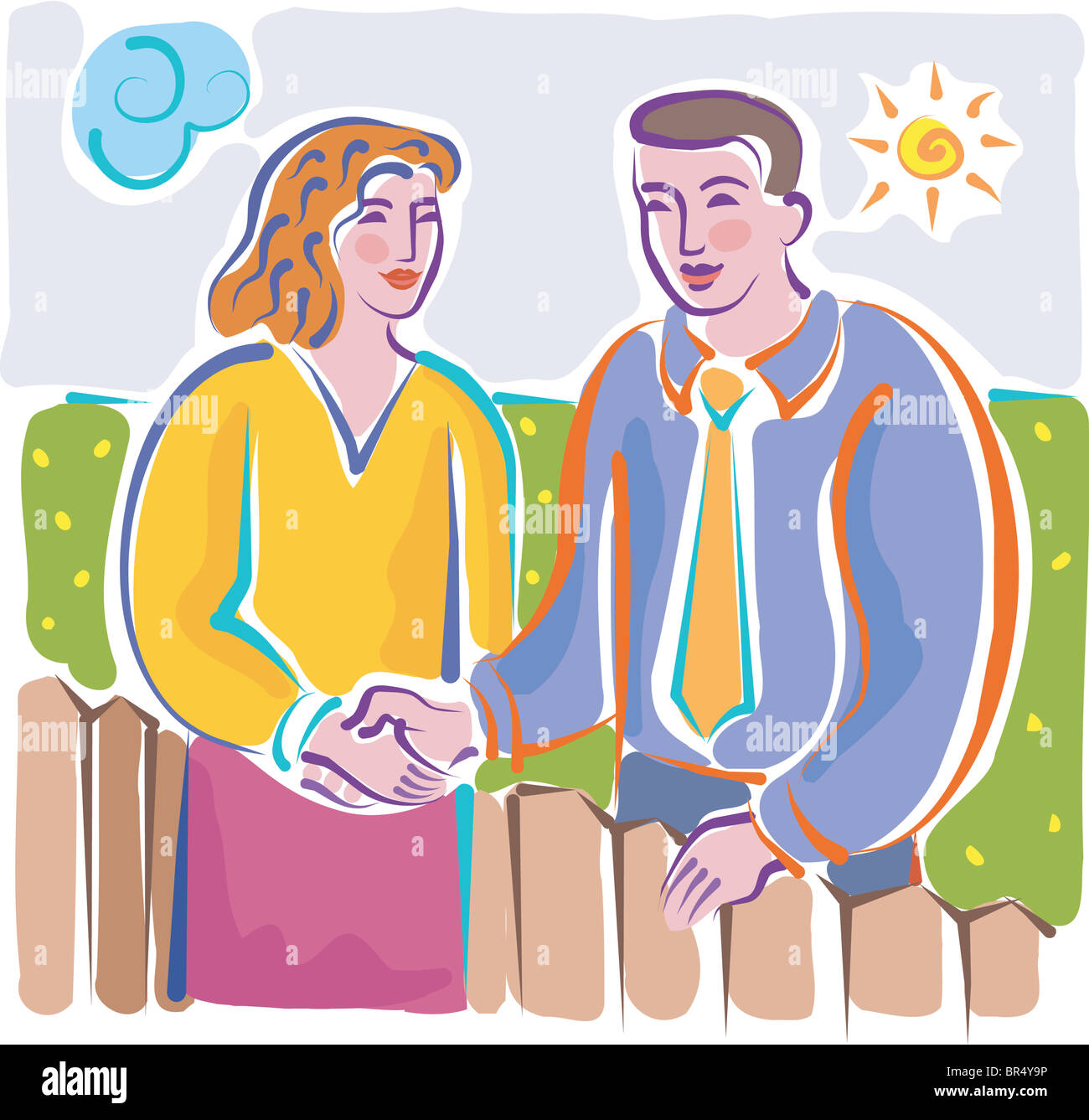 Les voisins se serrer la main sur une clôture Banque D'Images