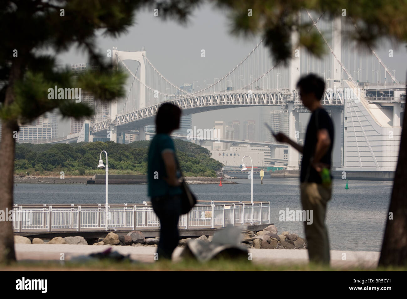 Vues de la baie de Tokyo et le Rainbow Bridge, vues du quartier d'Odaiba à Tokyo, Japon. Banque D'Images