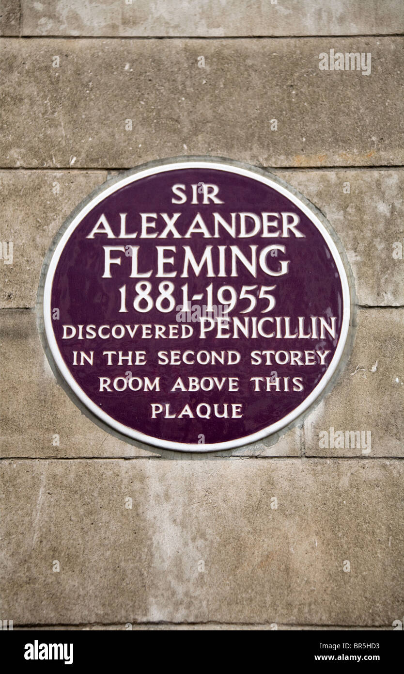 Plaque sur le mur de l'hôpital Saint Mary, Paddington, à l'occasion de la découverte de la pénicilline par Alexander Fleming. Praed Street. Banque D'Images