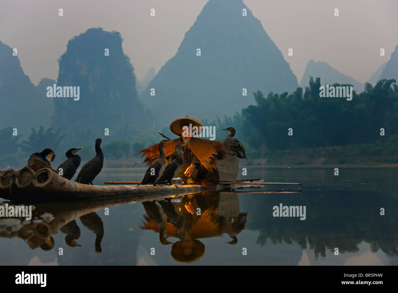 Le port de pêcheur La pêche avec manteau de paille sur les cormorans en radeau de bambou sur la rivière Li au crépuscule, Yangshuo, Guangxi, Chine Banque D'Images