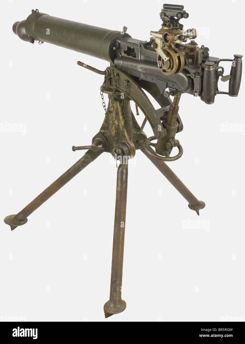 Un pistolet machine lourd Vickers anglais, calibre 303 British, numéro de série BV7361, estampillé 'V.A.C.', avec son trépied et sa portée. Kaki vert peint, de nombreuses pièces en bronze moulé. Gravé sur le bipod M6 MK IV et 1942. Mitrailleuse bleutée à l'exception du corps de canon. Historique, historique, années 1930, XXe siècle, armes à feu, armes à feu, armes à feu, armes à feu, armes, armes, armes, bras, dispositif de combat, objet, objets, alambics, coupures, coupures, coupures, militaires, militarie, équipement, Banque D'Images