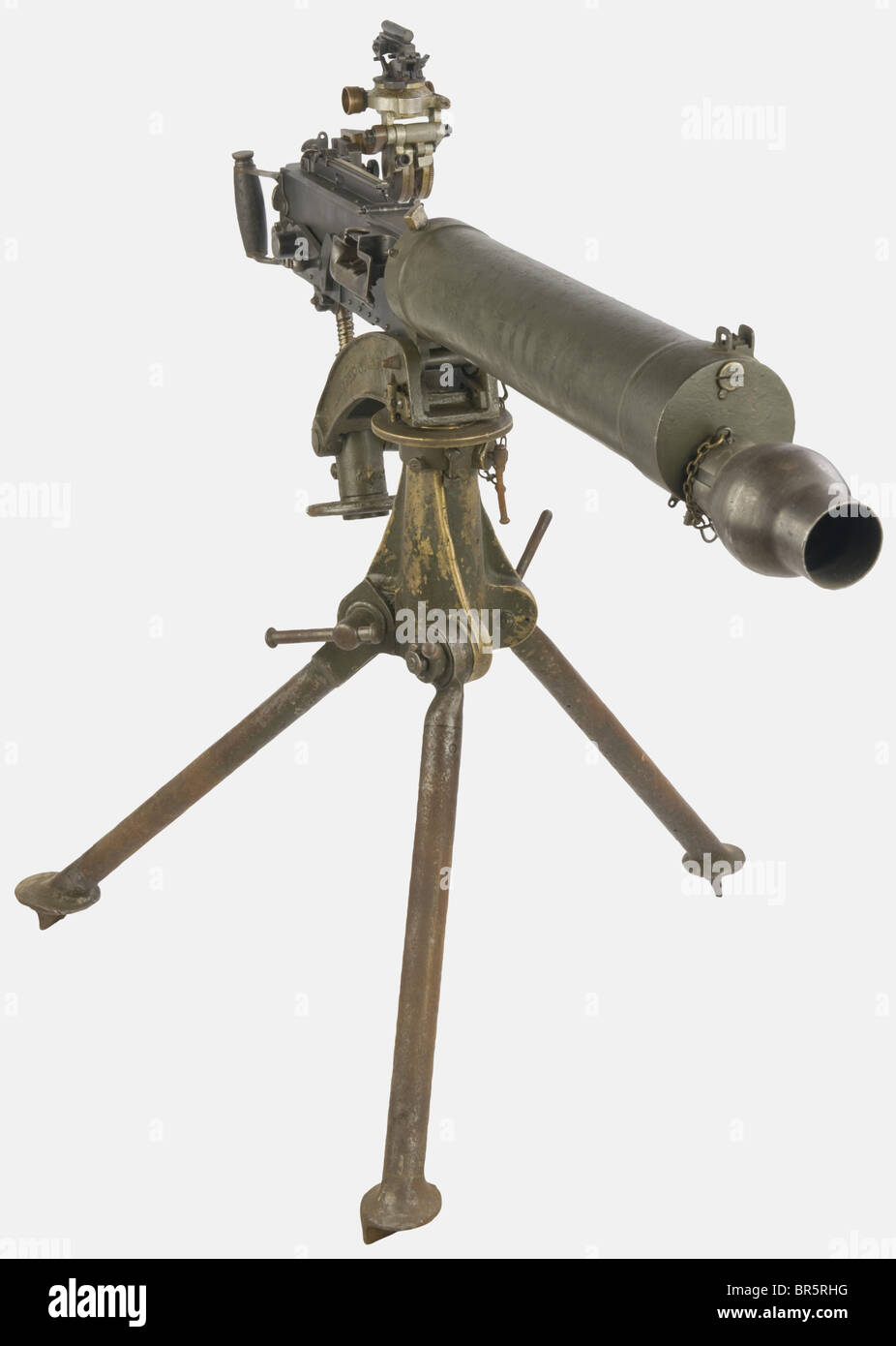 Un pistolet machine lourd Vickers anglais, calibre 303 British, numéro de série BV7361, estampillé 'V.A.C.', avec son trépied et sa portée. Kaki vert peint, de nombreuses pièces en bronze moulé. Gravé sur le bipod M6 MK IV et 1942. Mitrailleuse bleutée à l'exception du corps de canon. Historique, historique, années 1930, XXe siècle, armes à feu, armes à feu, armes à feu, armes à feu, armes, armes, armes, bras, dispositif de combat, objet, objets, alambics, coupures, coupures, coupures, militaires, militarie, équipement, Banque D'Images