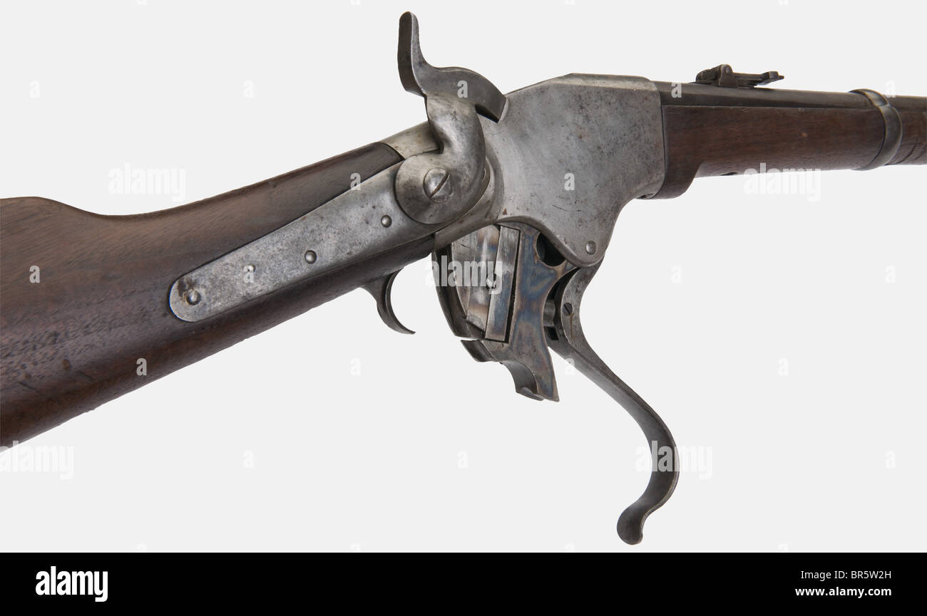 Un fusil d'infanterie Spencer M 1860, de la guerre civile, calibre 56/56, numéro de série 101197, estampillé 'PENCER REPEATING FUSIL Co. BOSTON MASS. PAT. 6 MARS 1860'. État utilisé avec des restes de l'encollage et des trous peu profonds, de belles gorges de fourreau. Veuillez consulter votre réglementation nationale sur les importations d'armes à feu. Historique, historique, XIXe siècle, armes à feu, armes à feu, armes à feu, armes à feu, armes, armes, bras, dispositif de combat, objet, objets, alambics, coupures, coupures, coupures, militaires, militarie, équipement, Banque D'Images