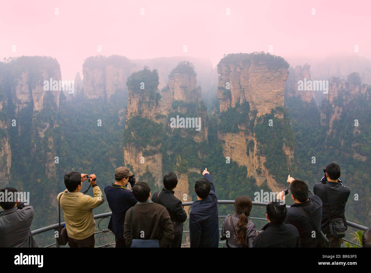Les touristes regardant des pics de montagne, parc forestier national de Zhangjiajie, Wulingyuan Scenic Area, Province du Hunan, Chine Banque D'Images