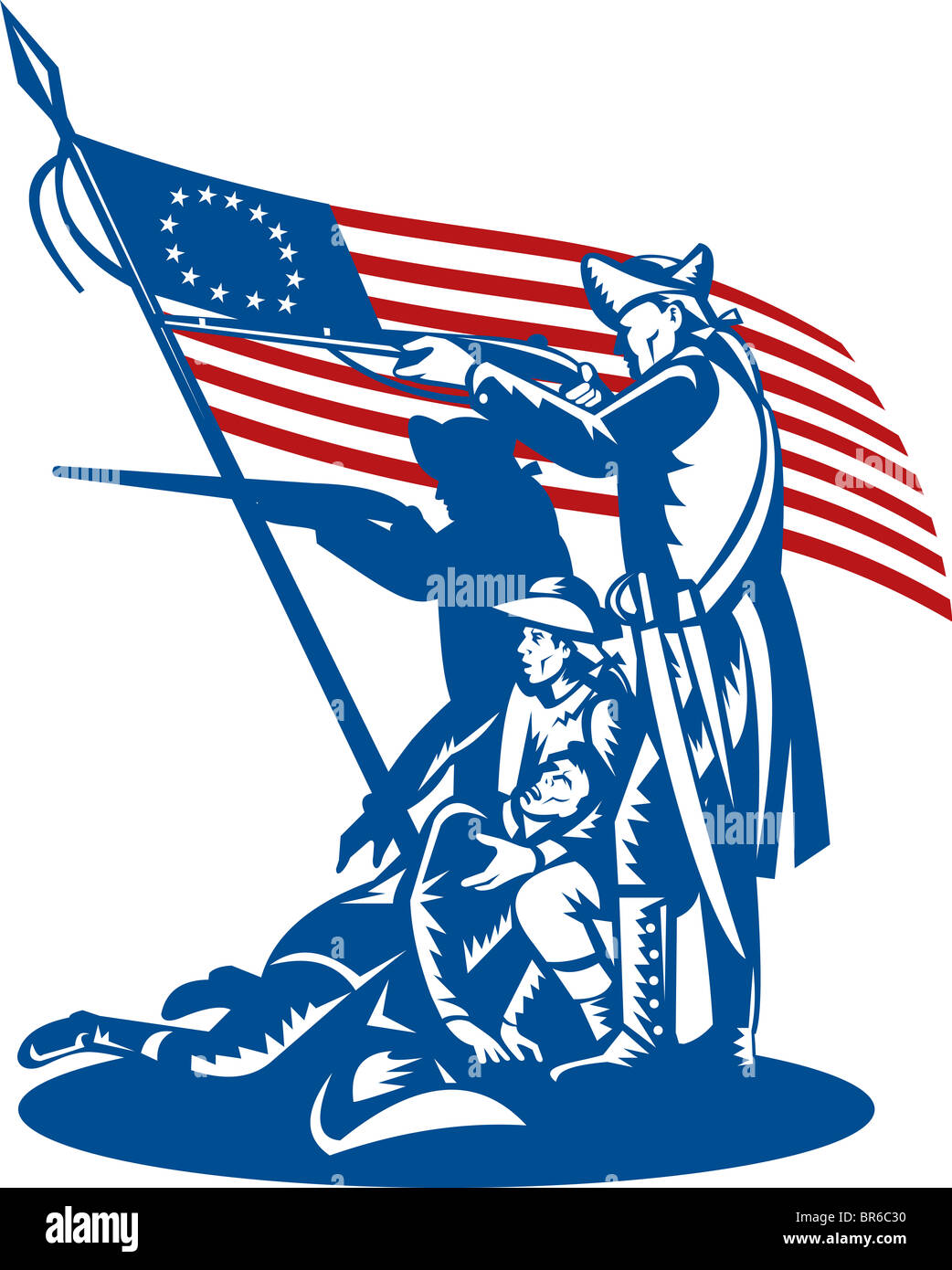 Patriotes américains se battre avec Betsy Ross pavillon isolé sur blanc. Banque D'Images
